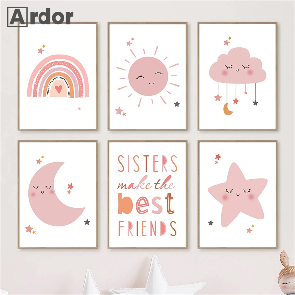 

Cartoon Pink Sun Cloud Star Moon Rainbow Posters Canvas Painting Nursery Wall Art Print Nordic Poster Pictures Baby Room Decor