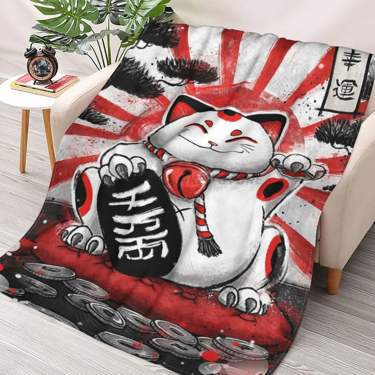 

Japan Collection - Lucky Cat Throws Blankets Collage Flannel Ultra-Soft Warm picnic blanket bedspread on the bed