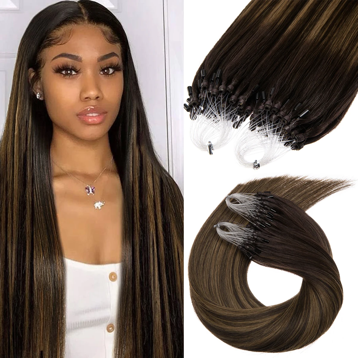Micro Beads Hair Extensions Ombre Micro Loop Human Hair Extensions #2/8/2 Invisible Ring Extension for Women 1g/s 50g