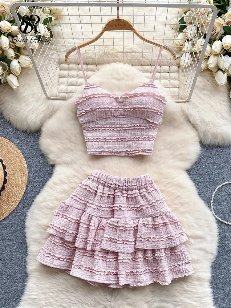 SINGREINY Sweet Ruched Two Pieces Sets V Neck Strap Crop