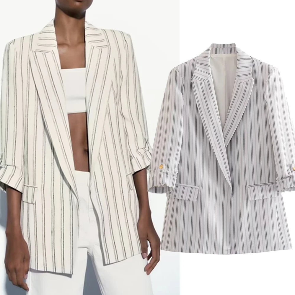 Dave&Di Fashion Office Lady Vintage  Roll Up Sleeve Striped Casual Blazers Women Jacket