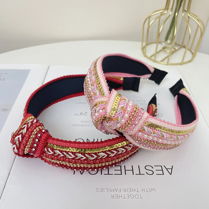 Boho Strass Kunst perle gestrickt Stirnband glänzende Pailletten Kopf Reifen elegante Haarschmuck für Frauen Mädchen breites Band – Detail 3