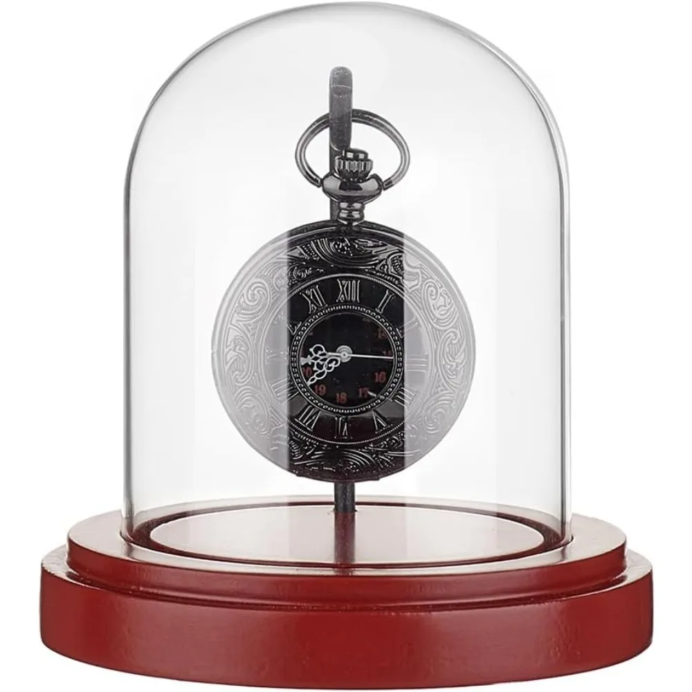 Watch Box 3 x 4 inch Pocket Watch Display Case Glass Watch Dome Cloche with Metal Hook Display Jar with Wood Base Glass Dome