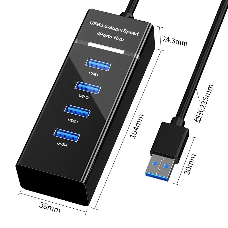 4-Port High-Speed USB Hub Splitter with Integrated Docking Station