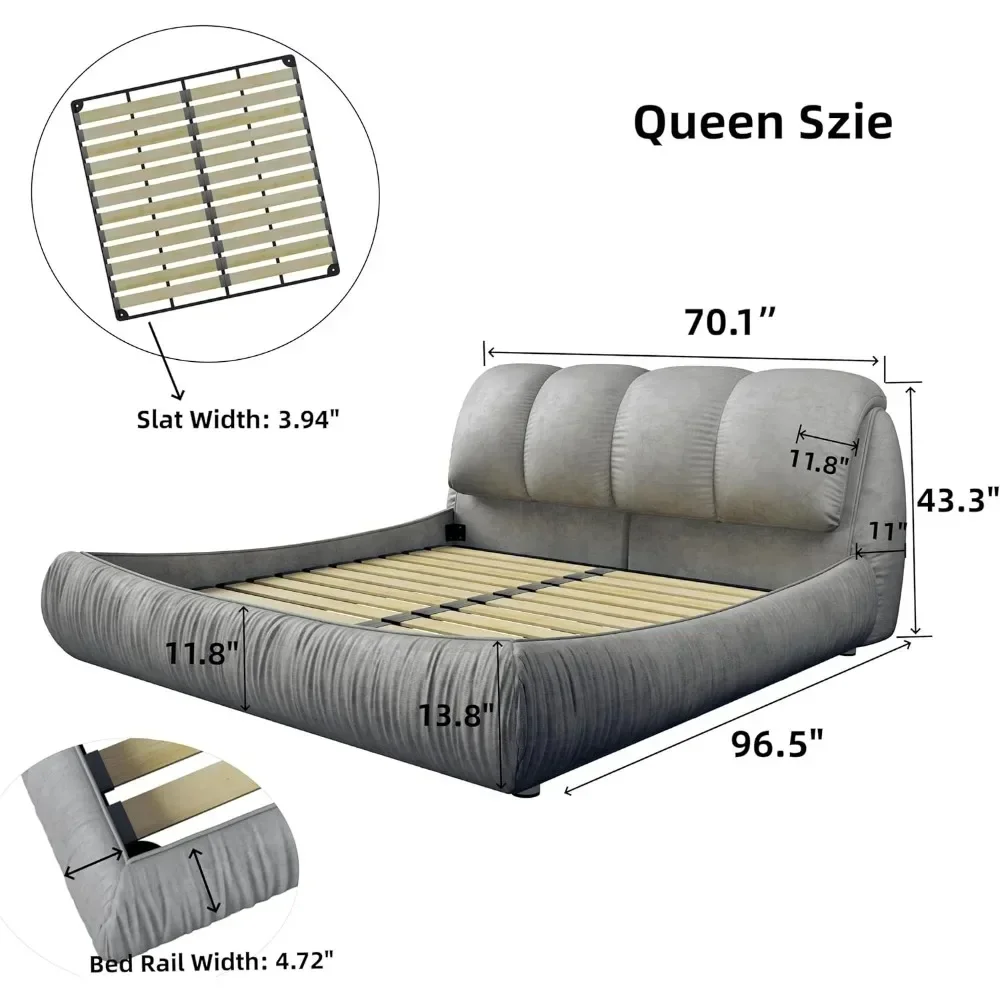 Luxury  Upholstered Platform Bed with Oversized Padded Backrest, Soft Frame Cloud Bed,Pinewooden Slats and Metal Leg 6