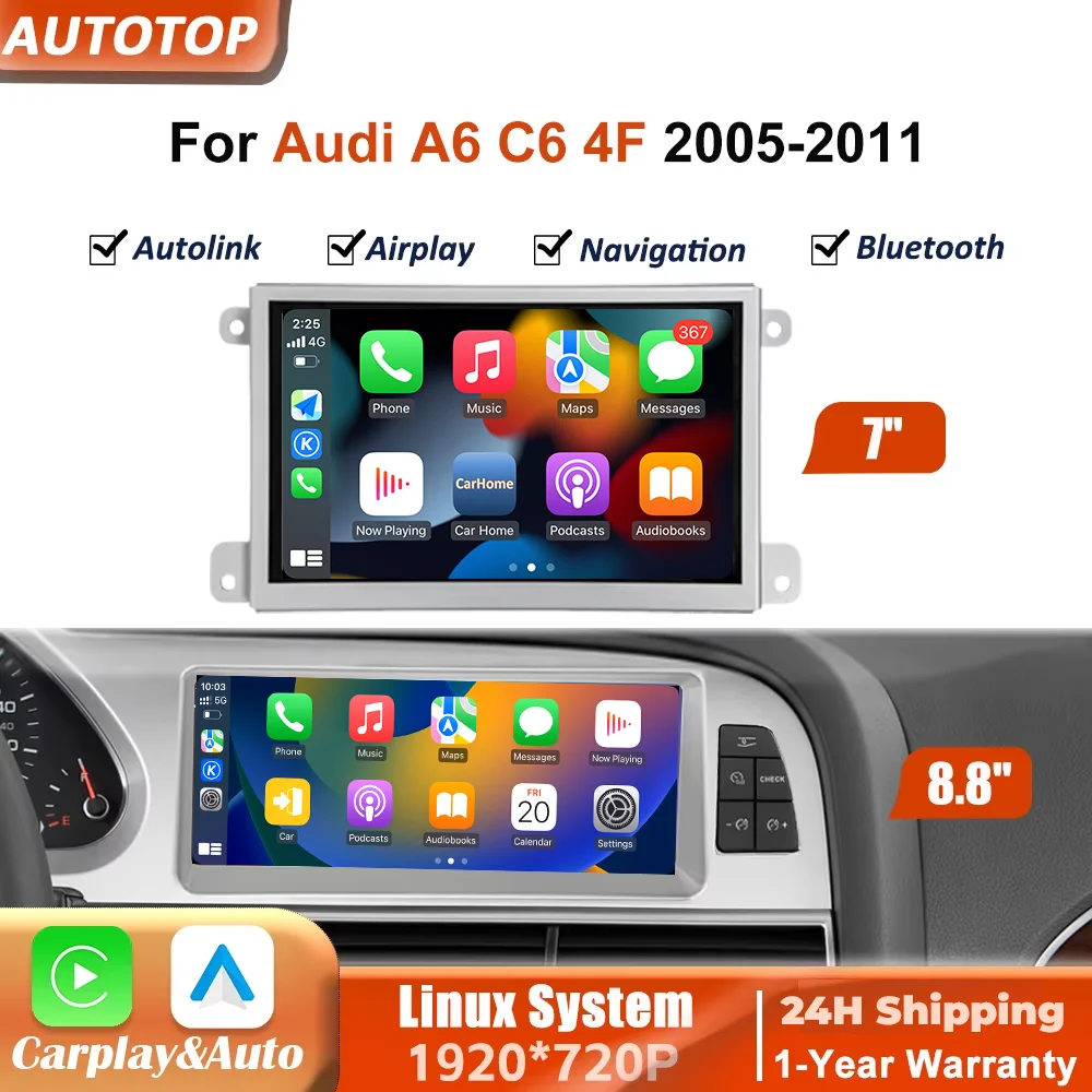 Radio para coche con Carplay inalámbrico y Android Auto, Linux, 7 pulgadas, 8,8 pulgadas, para Audi A6 C6 4F 2005-2011, MMI 2G, MMI 3G, reproductor multimedia de vídeo, pantalla táctil con Airplay, Autolink, Mirror Link, WiFi, Bluetooth, navegación GPS 1