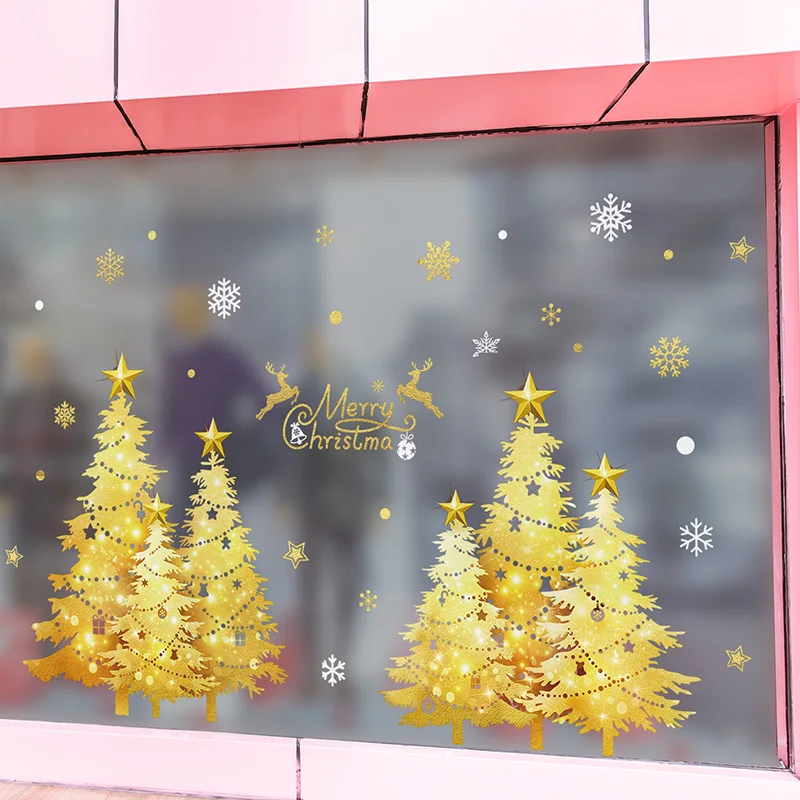 Christmas Window Stickers DIY Gold Trees Wall Decals for Living Room Restaurant Glass Home New Year Festival Decoration