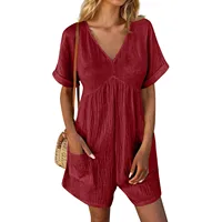 Summer Casual Overalls For Women Loose Ruched Short Sleeve V Neck Shorts Jumpsuits With Pockets Rompers Solid Bib Overall - Image 4