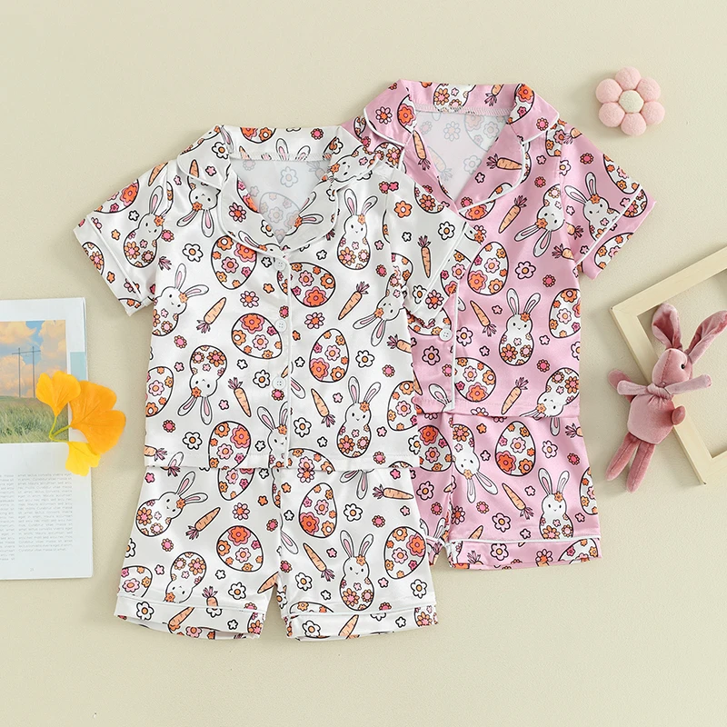 Boy Girl Easter Pajamas Set Egg Bunny Print Lapel Button Down Short Sleeve Tops with Shorts Summer 2 Pieces Sleepwear Clothes