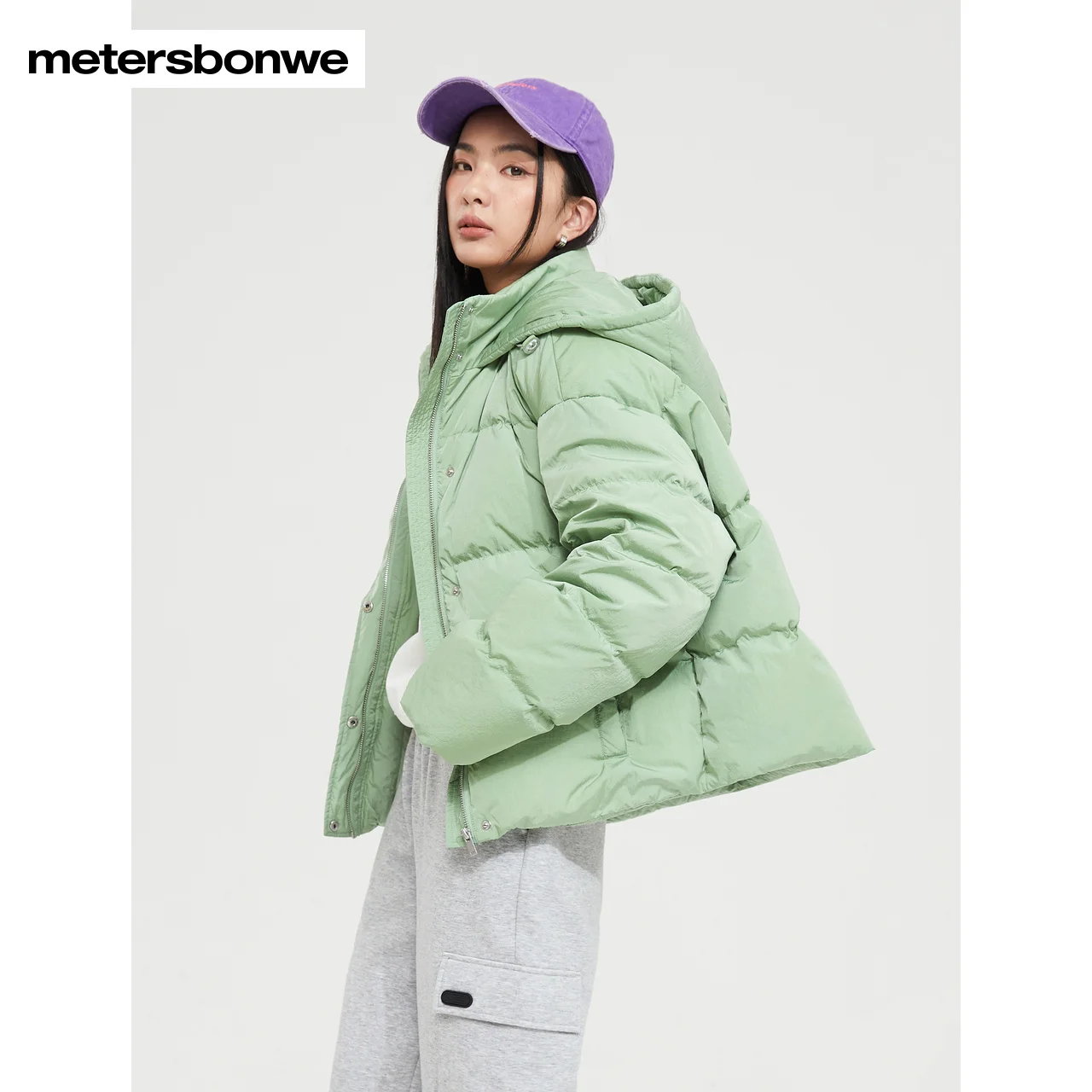 Metersbonwe Women's 22New Winter Solid Color Hooded Down Jacket 80%Eiderdown Thick Short Warm Wear Casual Loose Trend Outwear
