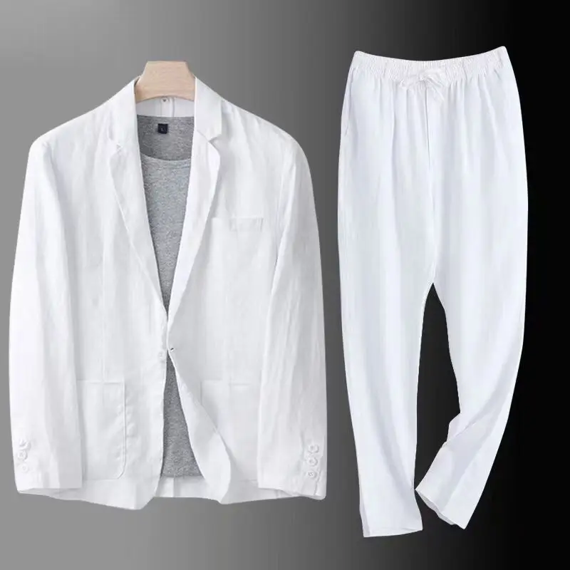 Spring Autumn Fashion Men Linen Two-piece Set Blazer Jacket + Pants Solid Slim Fit Casual Business Thin Clothing Breathable Suit 4