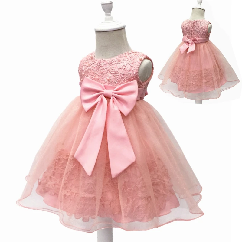 New Baby Flower Girls Christening Dresses Toddler Kids Sleeveless Cotton Lining Lace Dresses with Bow Infant Baptism Dress