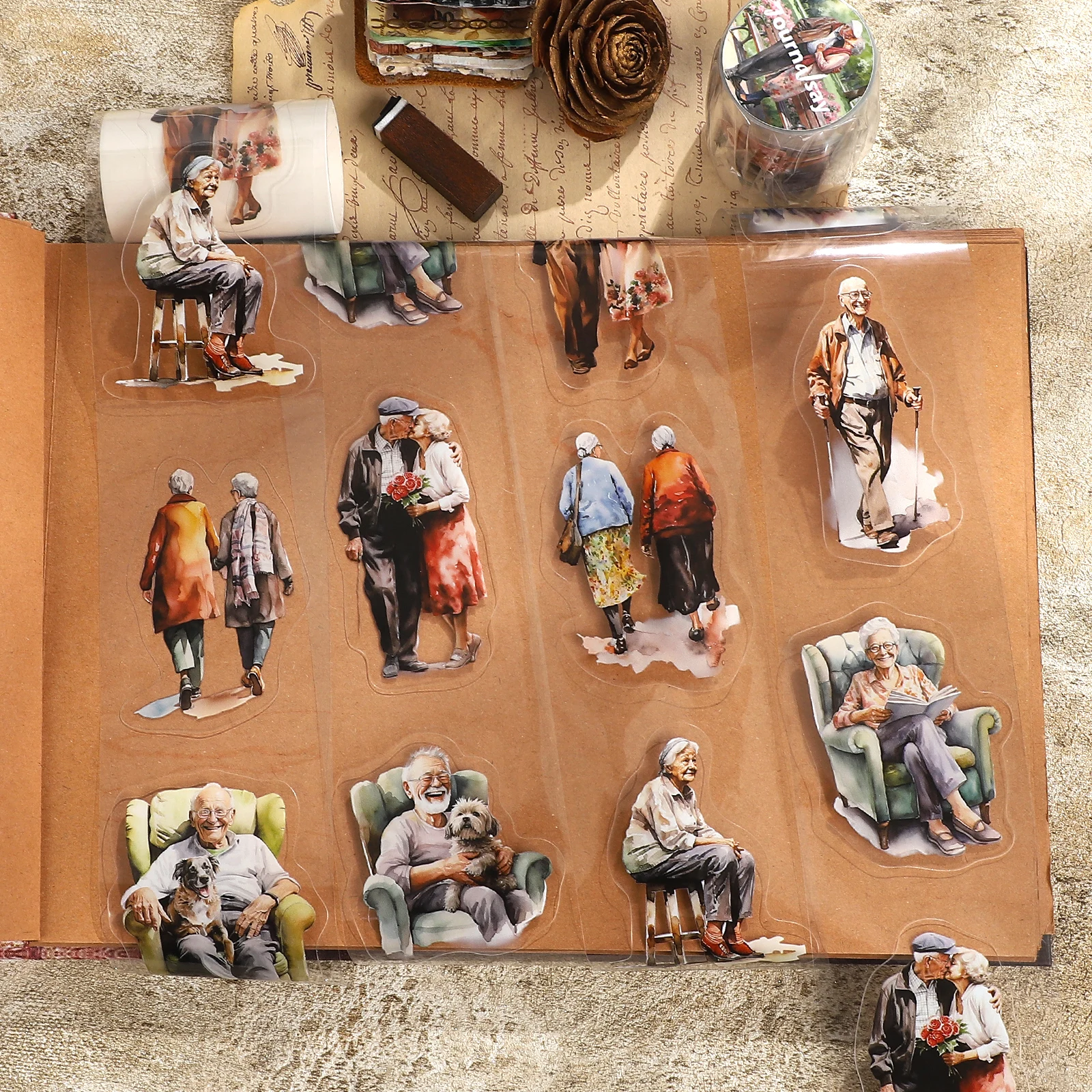 60mm*200cm 빈티지 노인 캐릭터 풍경 PET 테이프 창의적인 DIY 저널 재료 콜라주 문구