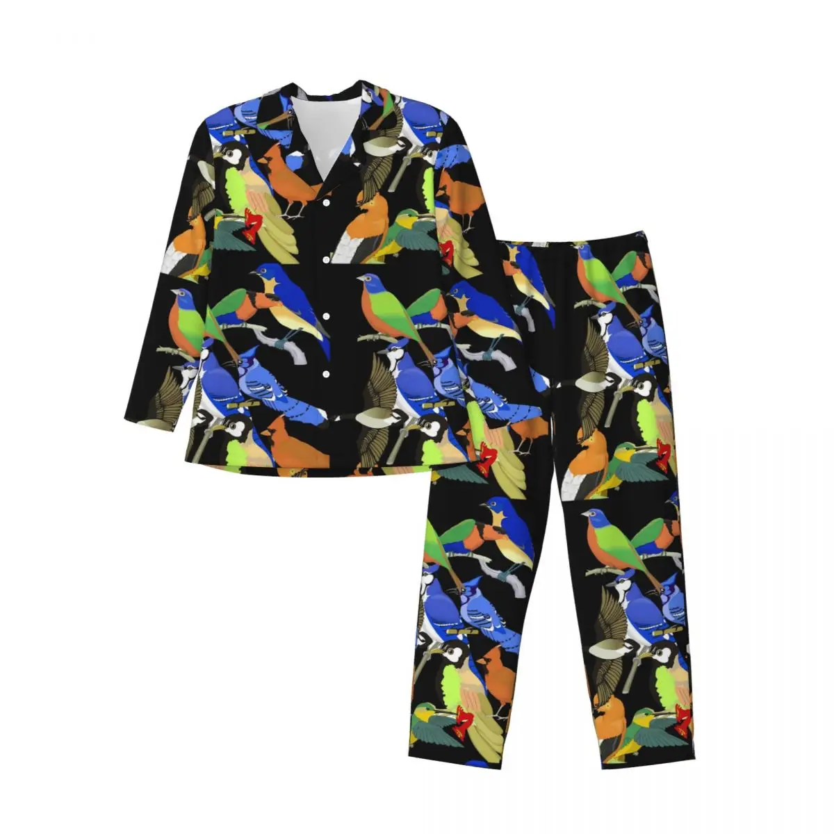 Wild Bird Sleepwear Autumn Colorful Tropical Animal Loose Oversize Pajama Set Male Long Sleeve Fashion Home Printed Nightwear