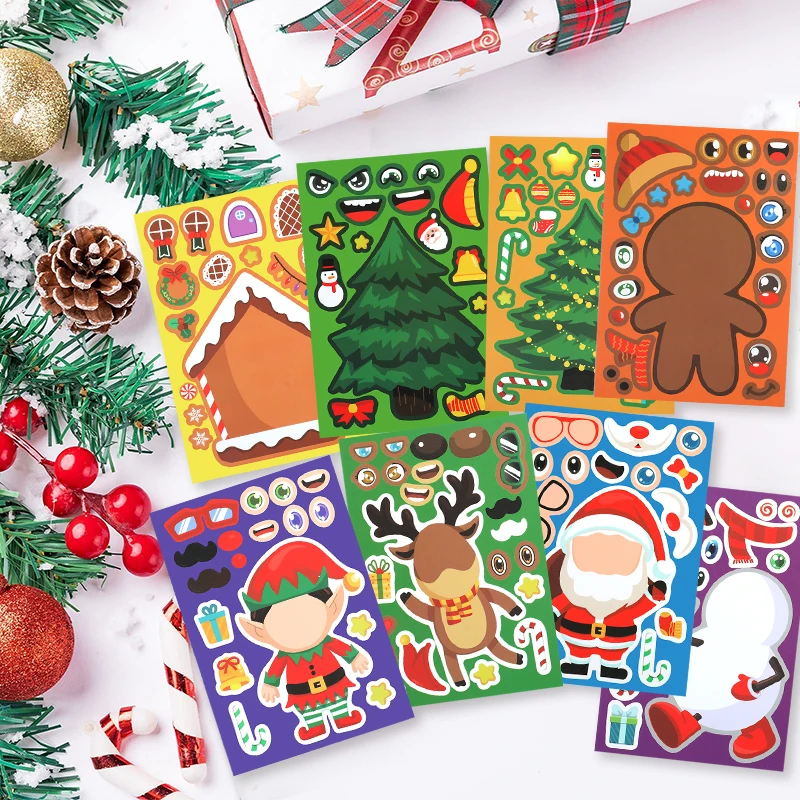 8/16Sheets Christmas Puzzle Stickers Santa Snowman Xmas Tree Make a Face Sticker Kids Party Favors Toy Gift New Year Decoration