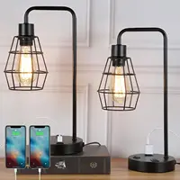 Set of 2 Black Industrial Table Lamp Nightstand Bedside Lamps w/ USB Ports Shade 1