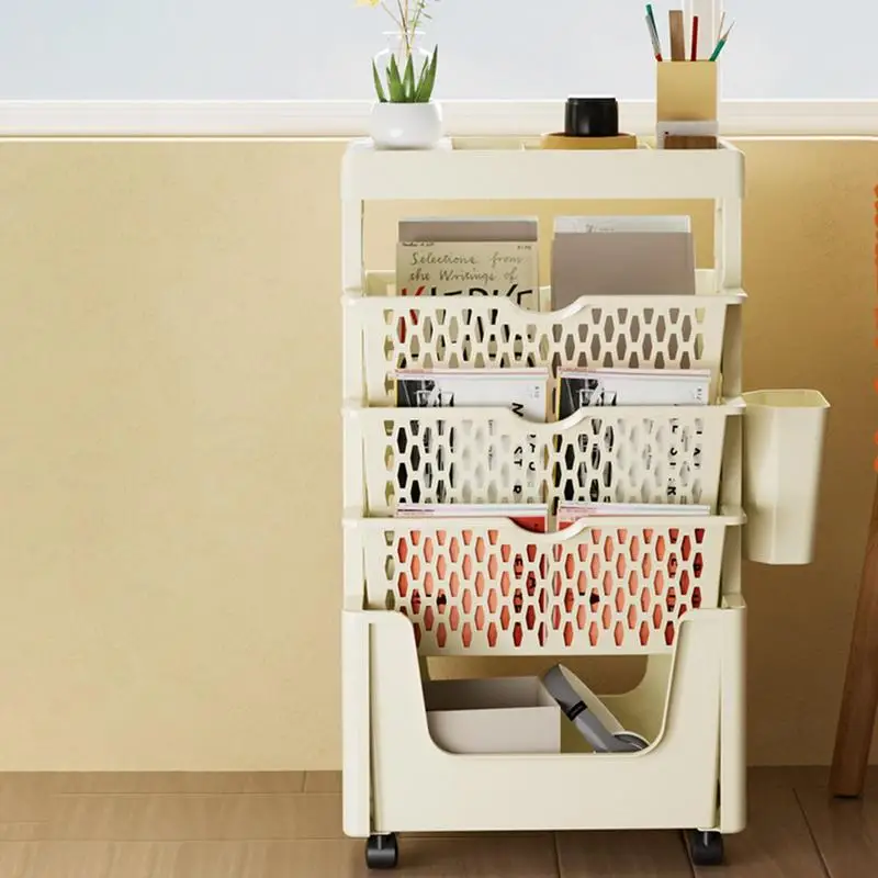 5 Tier Movable Book Shelf On Wheels Rotatable Storage Bookcase Creative Bookshelf Display Stand Home Decoration Book Organizer