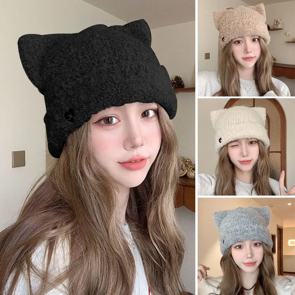 New Y2k Cat Ear Beanies Warm Ear Protection Plush Knitted Hat Soft Love Embroidered Warm Hat Autumn and Winter 4