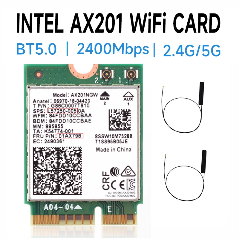 Intel Wi-Fi 6 AX201 Bluetooth 5.0 Dual Band 2.4G/5G Wireless NGFF Button E CNVi Wifi Card AX201NGW 2.4Ghz / 5Ghz 802.11ac / ax network adapter