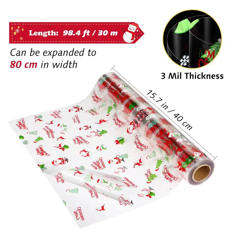 STOBOK Transparent Cellophane Paper Xmas Santa Claus Pattern Packaging Cellophane Gift Box Flower Packagings (3000x80cm)