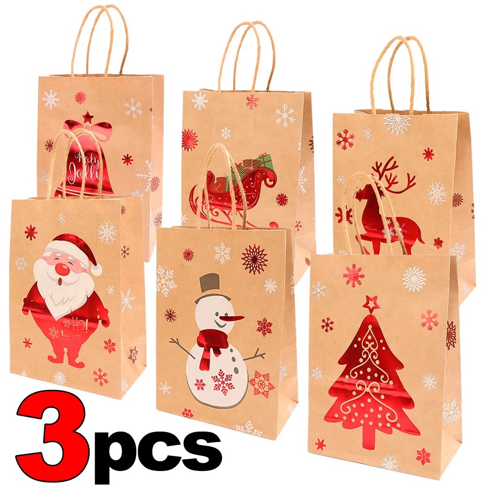 カフェリーチェ 新品 2袋 1/2/3Pcs Christmas Kraft Paper Bag Santa Claus Snowflake