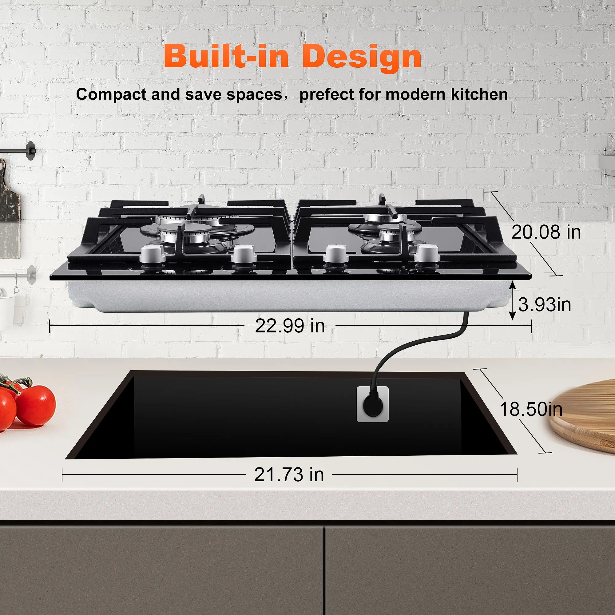 Tieasy 24 Inch 4 Burner Built-in Tempered Glass NG/LPG Convertible Thermocouple Protection Child lock Gas Cooktop GH003-244G 6