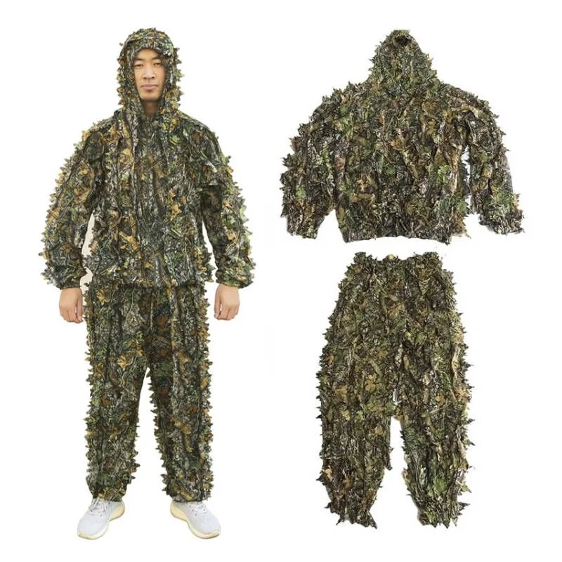 Ghillie Suit Men Women Kids Outdoor Ghillie Suit Camouflage Clothes Jungle Suit CS Training Leaves Clothing Hunting Pants Hooded Jacket