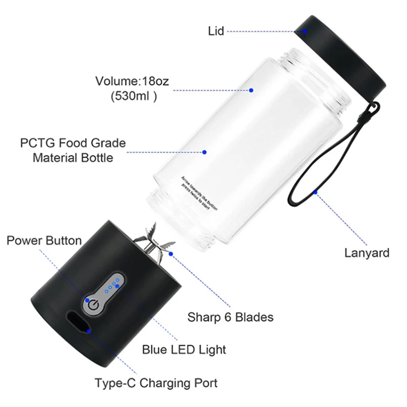 530ML Powerful Portable Blender for Smoothies Shakes USB Rechargeable Food Processor Fruit Mixer Machine Mini Juicer Blender Cup - Image 4