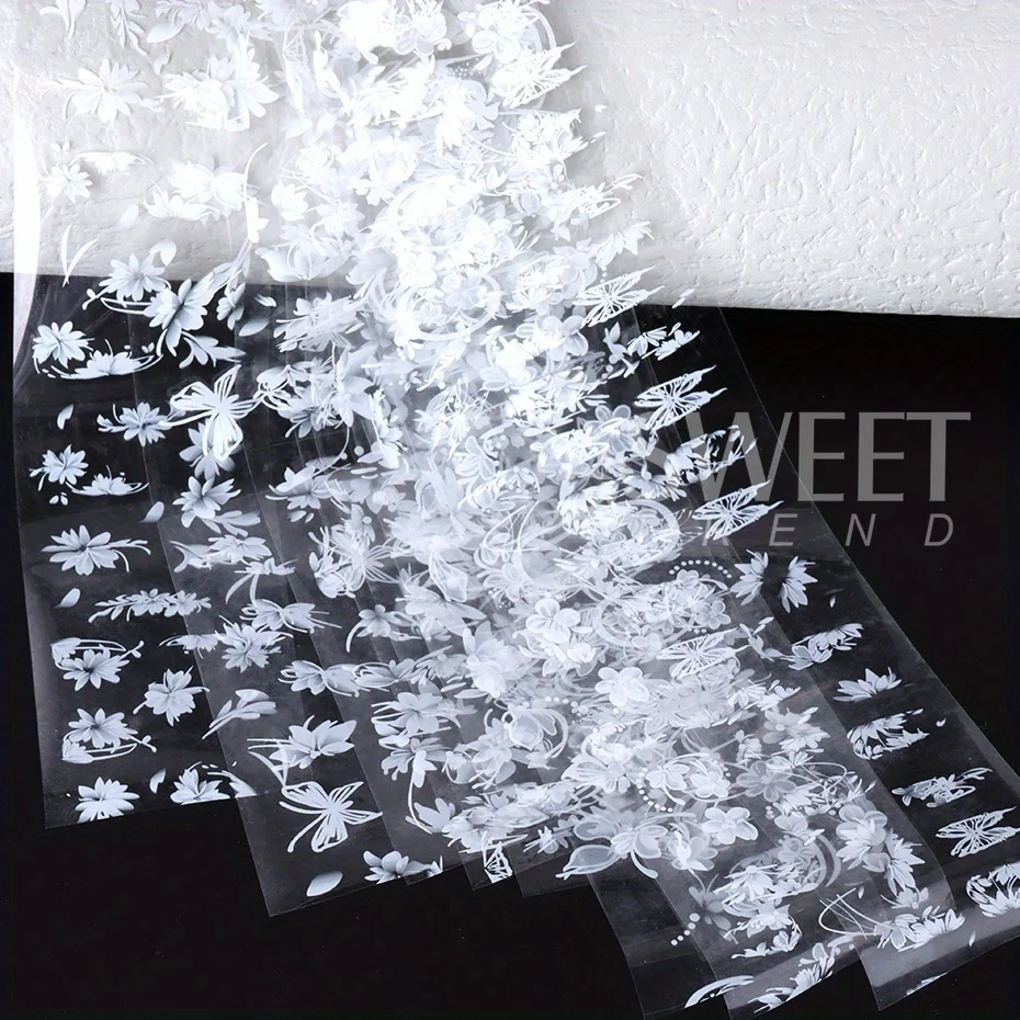 10 Rolls Elegant White Flowers Petal Nail Transfer Foils Stickers Butterfly Painting Lace Floral Decals Wedding Bride Decoration