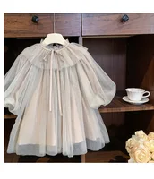 Robe en Tulle de couleur unie pour petites filles, décolleté à volants, nœud papillon au dos, manches bouffantes, jupe élégante en maille superposée 4