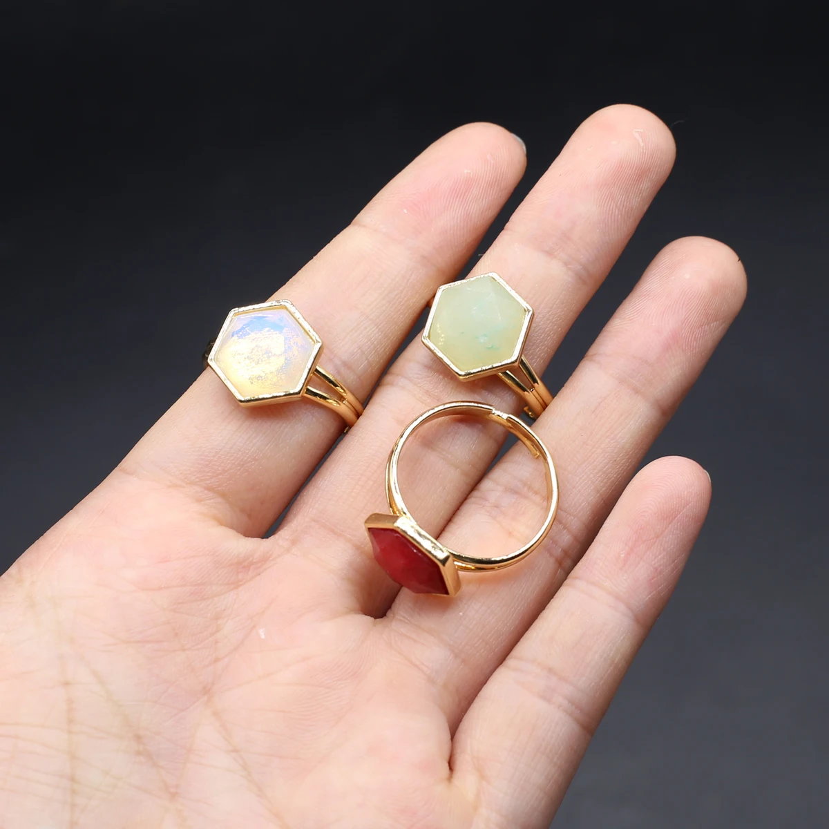 

3pcs/lot Natural Agates Stone Rings Hexagon Shape Natural Stone Open Finger Rings for Women Men Party Wedding Jewelry 12x12mm