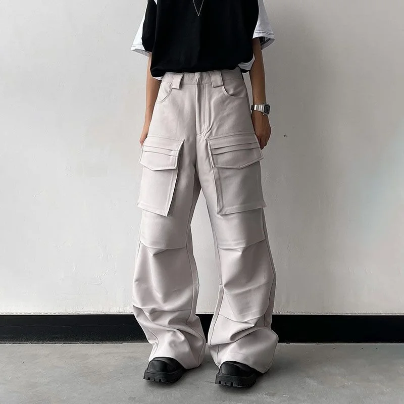 

Solid Color Three-Dimensional Large Pocket Cargo Pants Korean Style Street Pleated Casual Pants Autumn Straight Loose Trousers