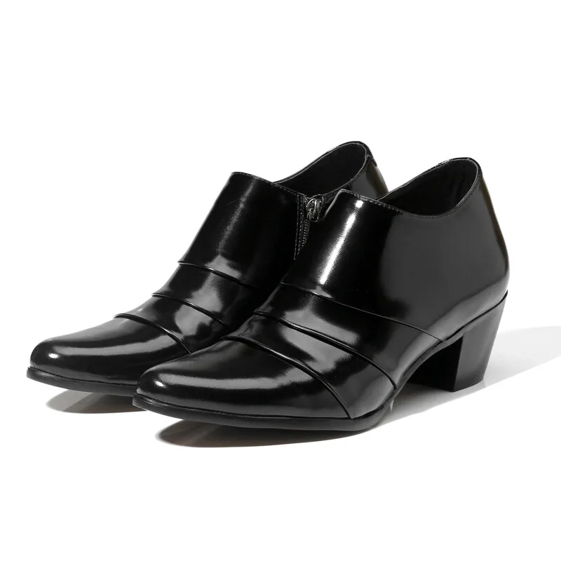 

British Patent Leather Heightened Pointed Toe Thick Heel Men's Casual Leather Shoes Fashion Trend High-heeled Men's Shoes