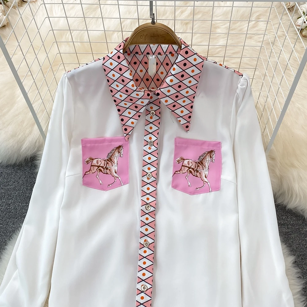 CM.YAYA Vintage 3D Geometrial Printed Women Long Sleeve Shirt and Bodycon Midi Mini Skirt Suit Street INS Two 2 Piece Set Outfit