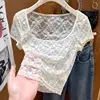 plus Size Ice Silk Lace ort Sve T-irt Women's Faion Summer Pure Desire Me Thin Hollow out Low Ne Base Top