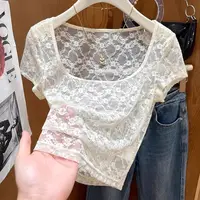 plus Size Ice Silk Lace ort Sve T-irt Women's Faion Summer Pure Desire Me Thin Hollow out Low Ne Base Top