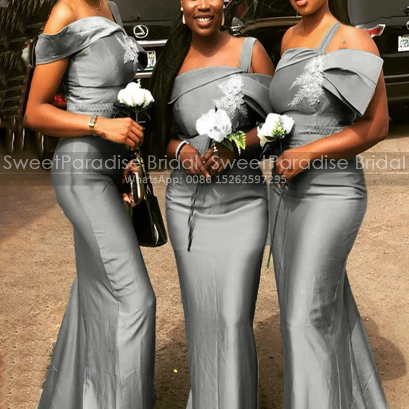 

Plus Size Long Bridesmaid Dresses With Appliques One Shoulder Mermaid Sleeveless Gray Sheath Party Dress Wedding Guest