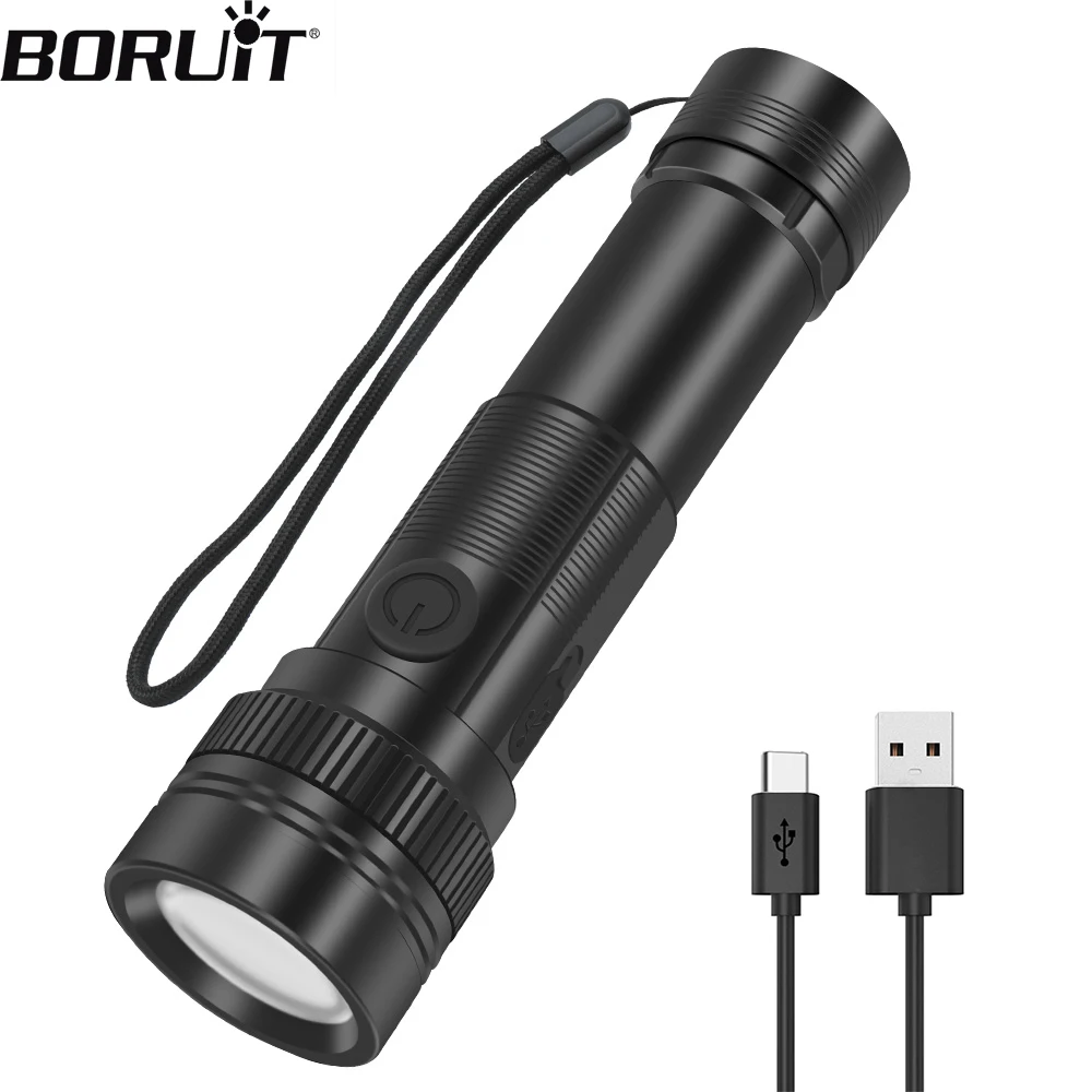 

BORUIT ST12 супер яркий светодиодный фонарик, портативный мини-фонарик с зумом, 4 режима освещения, USB Перезаряжаемый водонепроницаемый фонарь для кемпинга