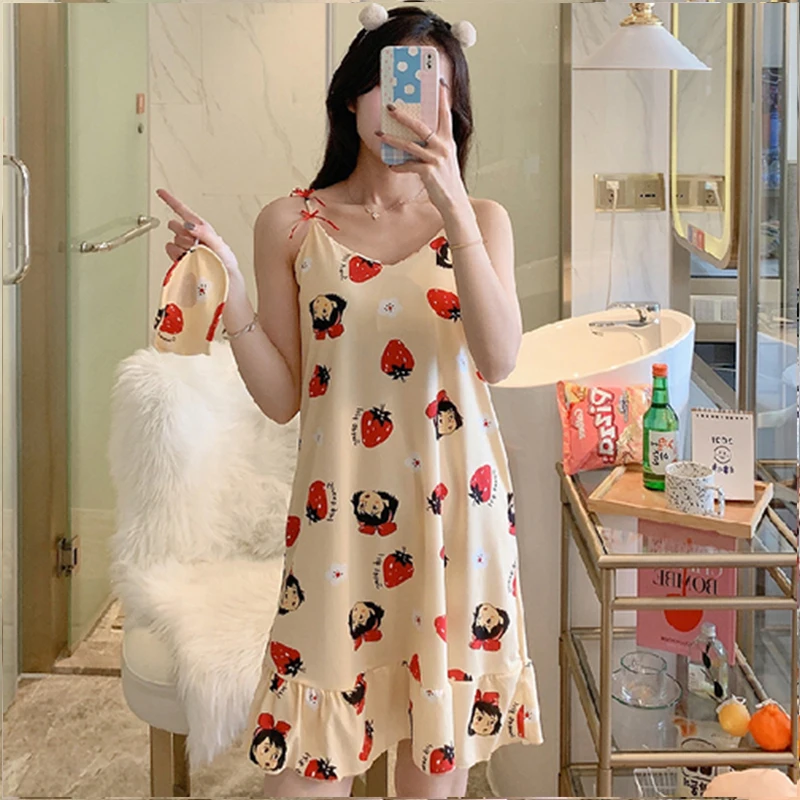 New Summer Women's Short Skirts Cute Nightdress Home Nightdress Women's Casual Loose Ladies Women's Dresses with Chest Pads