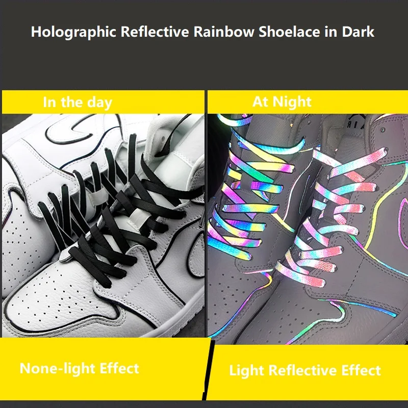 120/140/160cm corda di sicurezza riflettente colorata olografica per lacci delle scarpe che si illumina nel nastro di avvertimento dei lacci delle scarpe scure