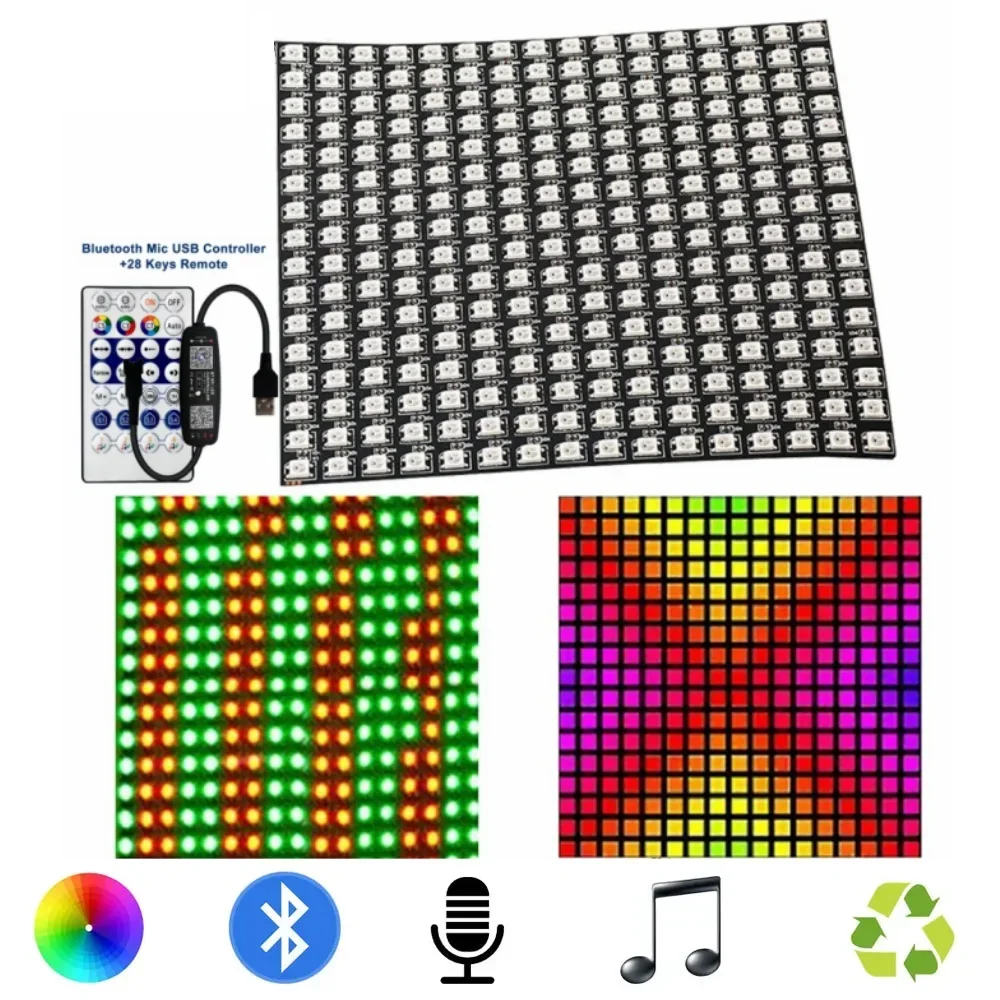 LED 모듈 조명 키트, 개별 주소 지정 가능 LED 디지털 유연한 스크린, 블루투스 컨트롤러, WS2812, 8*8, 16*16, 8*32, 28 키
