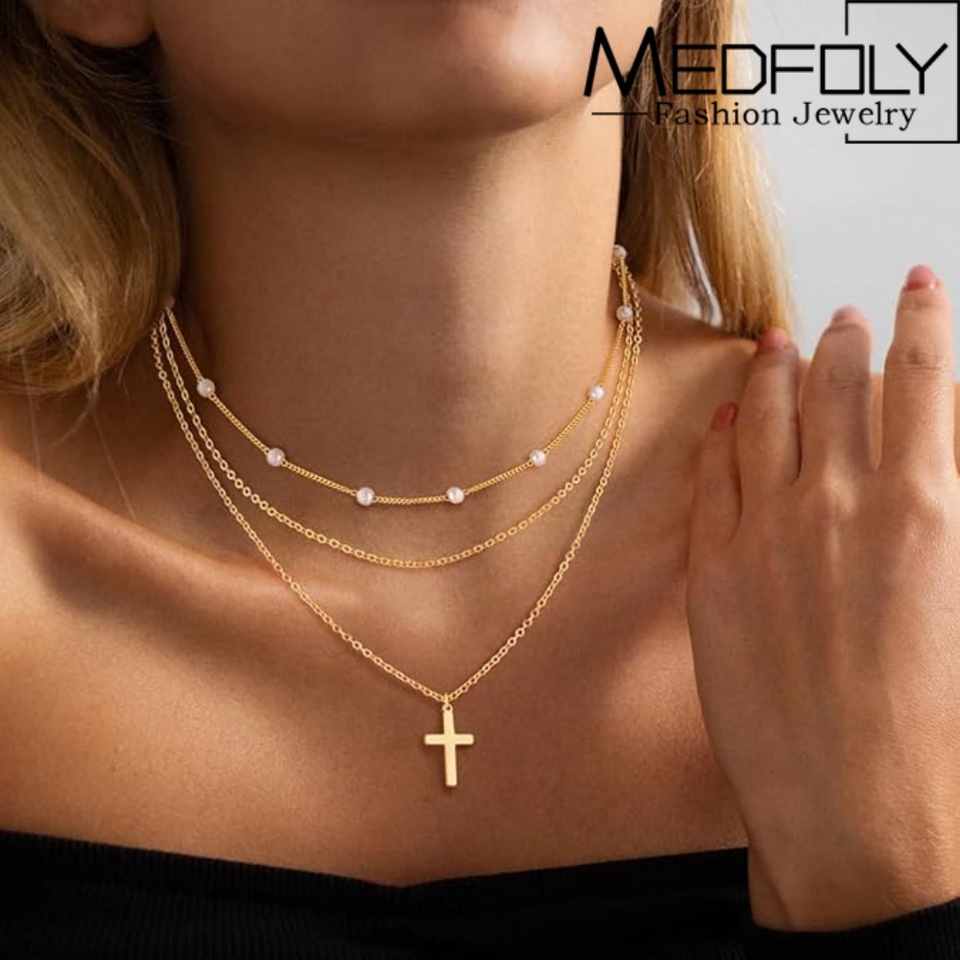 MEDFOLY Layered Necklaces for Women 14K Gold Plated Pearl Cuban Chain Herringbone Necklace Trendy Jewelry Gift Wholesale