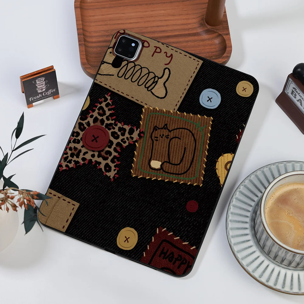 Matte Finish Patchwork Denim Cat Leopard Tablet Case