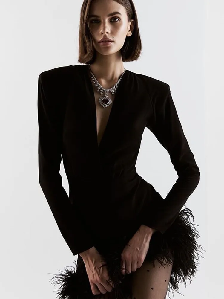 

Women Winter Sexy Long Sleeve V Neck Feather Mini Bodycon Bandage Dress 2022 Elegant Evening Party Dress