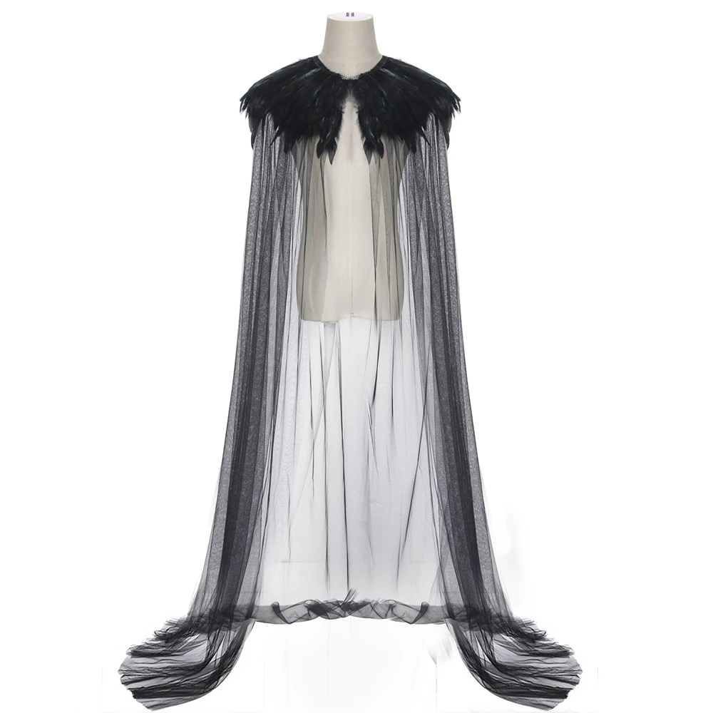 

Black Evil Queen Villain Witch Cloak Steampunk Feather Collar Light Gauze Cape Halloween Cosplay Prop Length 180cm for Adults