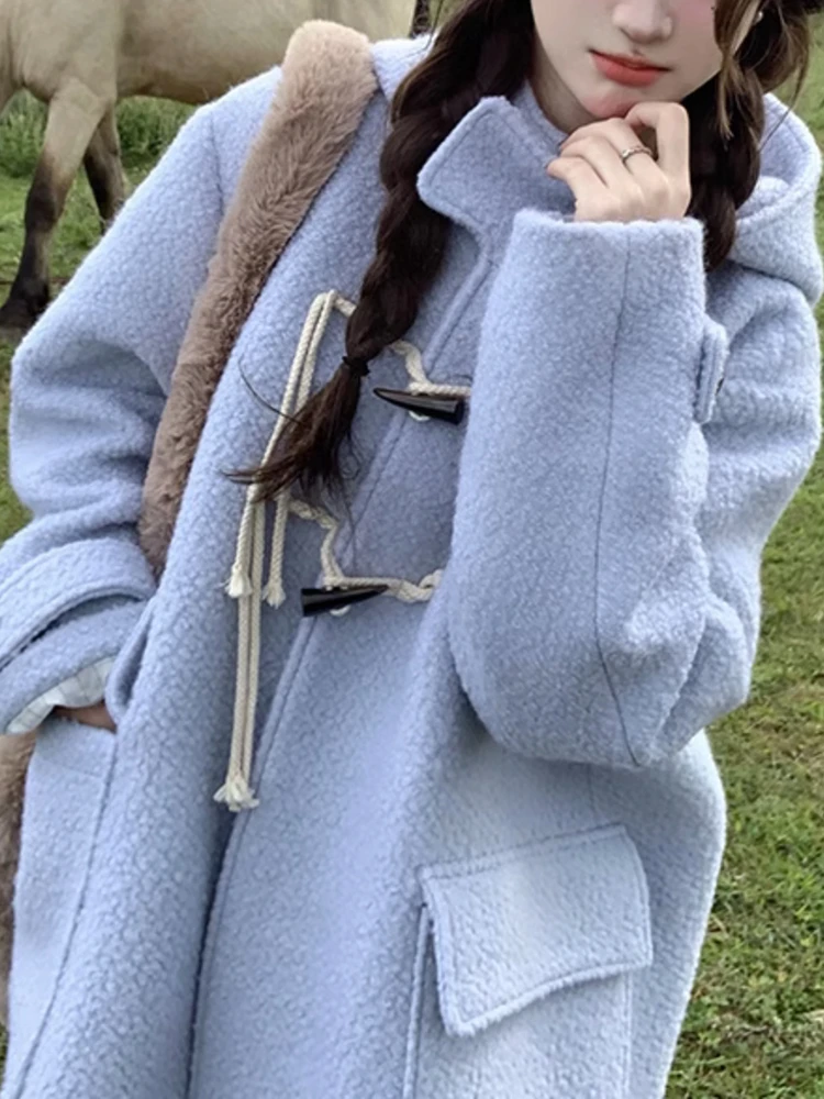 

Blue Kawaii Warm Vintage Overcoat Winter Women Sweet Long Sleeve Jackets Female Korean Fashion Designer Elegant Wool Coat 2023