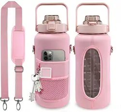 Large 64 OZ Motivational Water Bottle with Sleeve, Straw, and Time Marker - 2.0L (Pink)