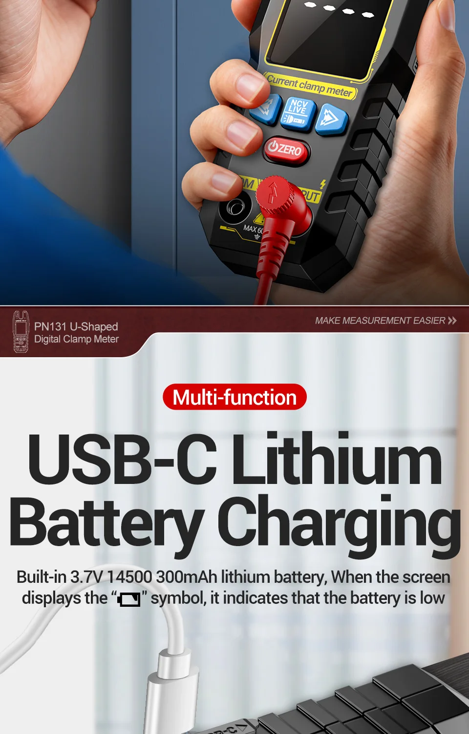 ANENG PN131 Zangenmultimeter, wiederaufladbar, 4000 Messungen, automatische Bereichswahl, AC/DC-Spannung, Strom, NCV, Widerstand, Elektriker-Messgerät – Detail 7