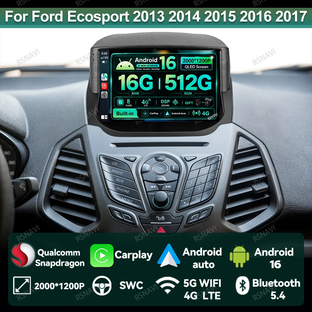 Autoradio Android 16 für Ford Ecosport 2013 2014 2015 2016 2017 Autoradio Stereo Videoplayer QLED Navigation DVD 4G LTE GPS BT
