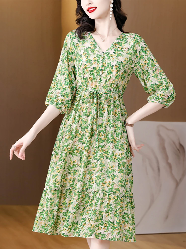 

Women Green Floral Silk V-Neck Casual Beach Dress Summer Elegant Bodycon Party Dress 2024 Korean Fashion Luxury Evening Dresses